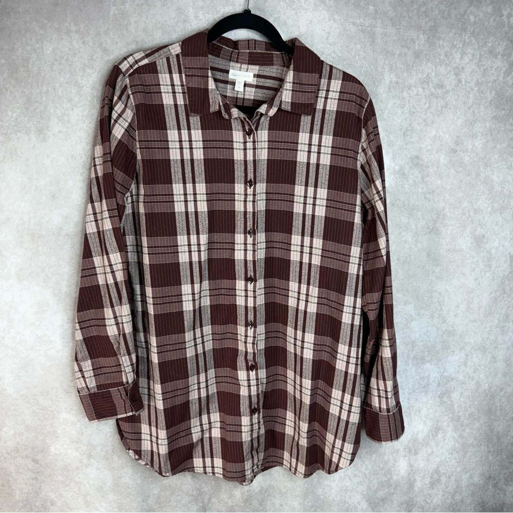 Garnet Hill Plaid Flannel Essential Long Cotton Tunic In Burgundy Women's Sz 12